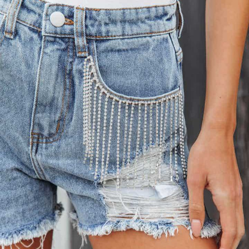 Casual Chain Tassel Ripped Denim Shorts