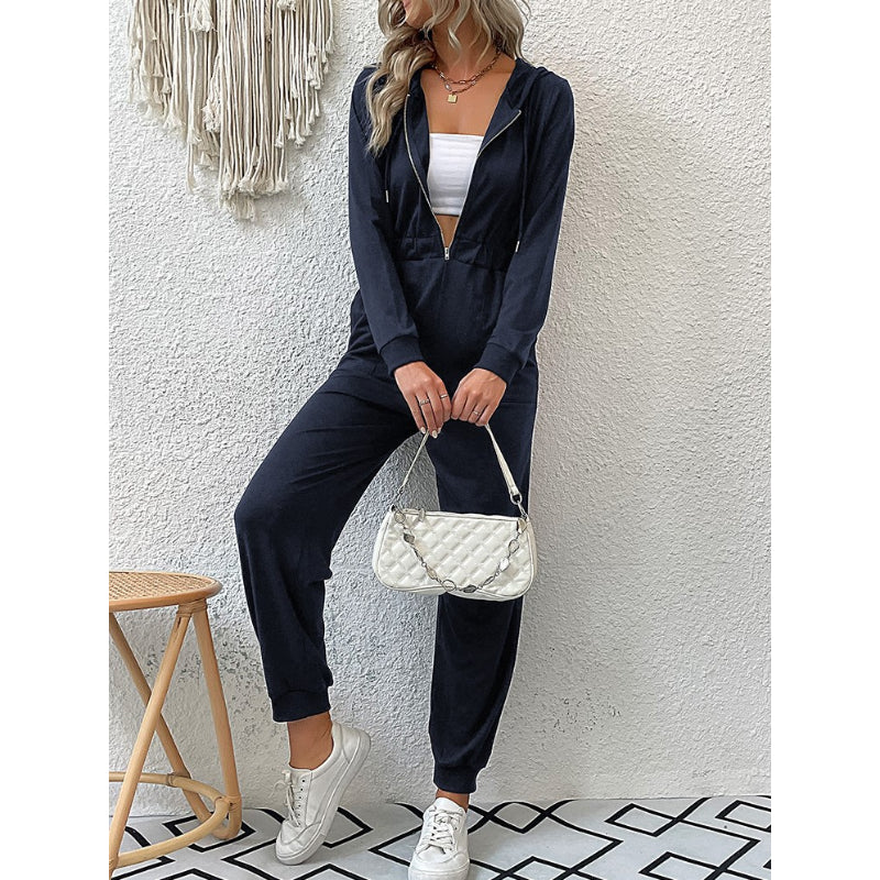 Casual Long Sleeve Hooded Zipper Jumpsuit