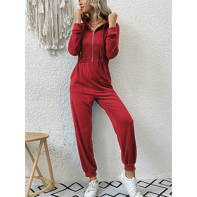 Casual Long Sleeve Hooded Zipper Jumpsuit