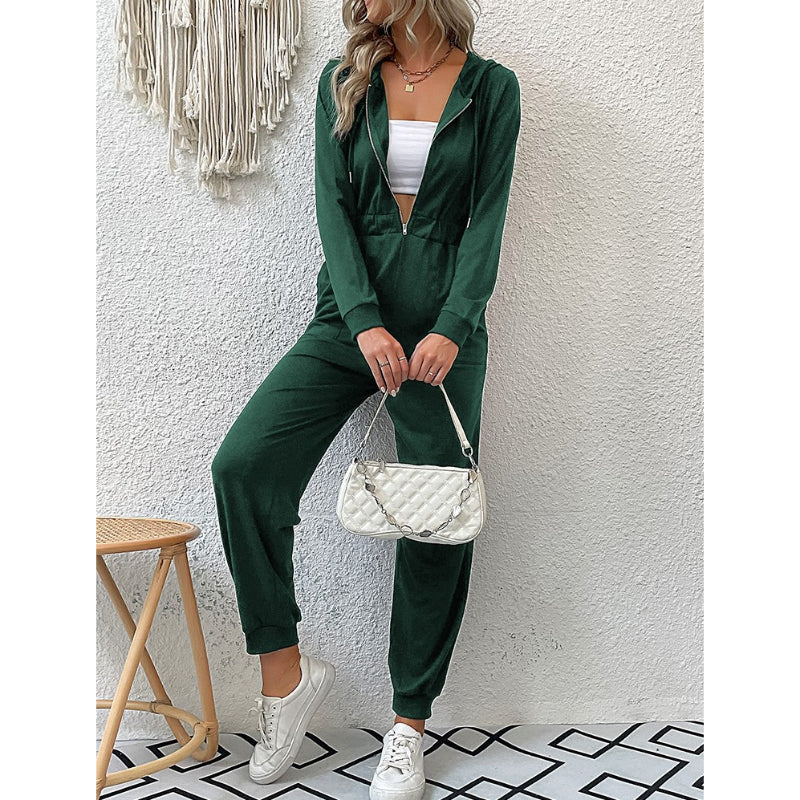 Casual Long Sleeve Hooded Zipper Jumpsuit