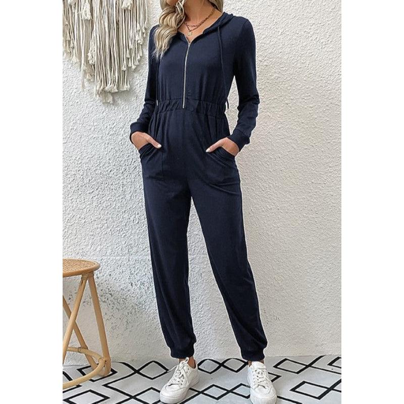 Casual Long Sleeve Hooded Zipper Jumpsuit