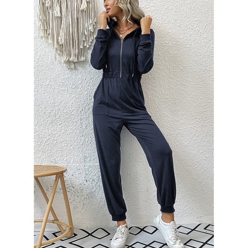 Casual Long Sleeve Hooded Zipper Jumpsuit