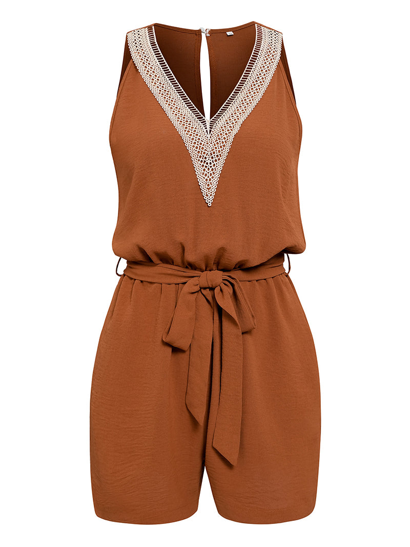 Casual Sleeveless Lace Belt Short Jumpsuit