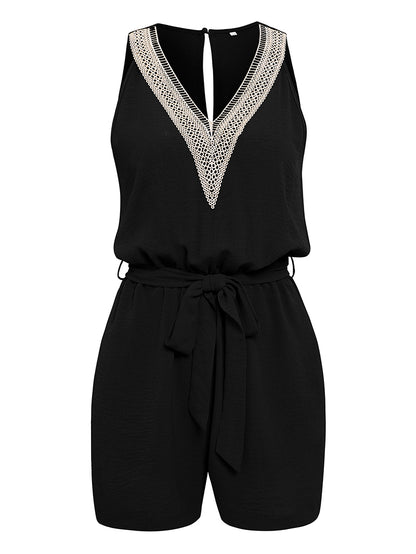 Casual Sleeveless Lace Belt Short Jumpsuit