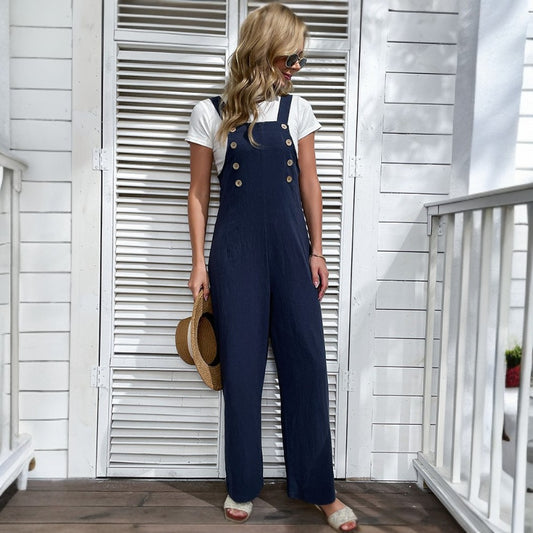 Casual Straight Button Suspender Jumpsuit Trousers