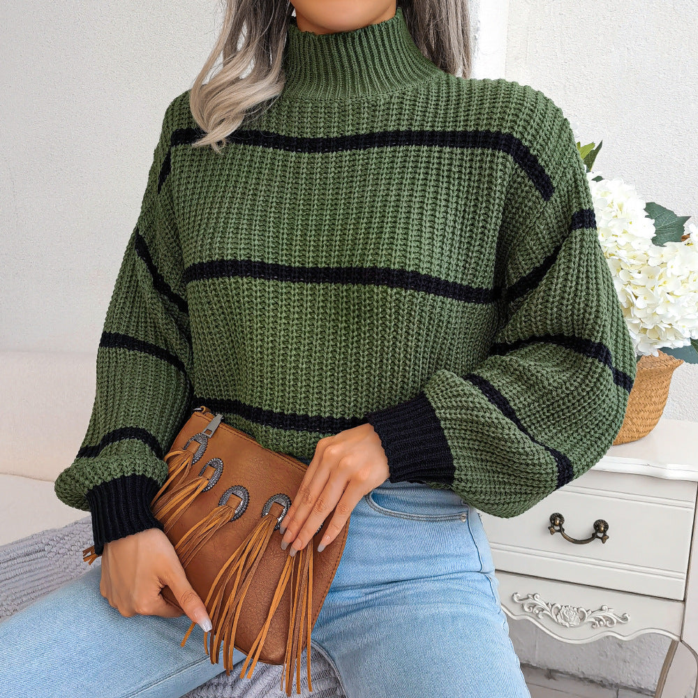 Casual Striped Lantern Sleeve Knitted Sweater