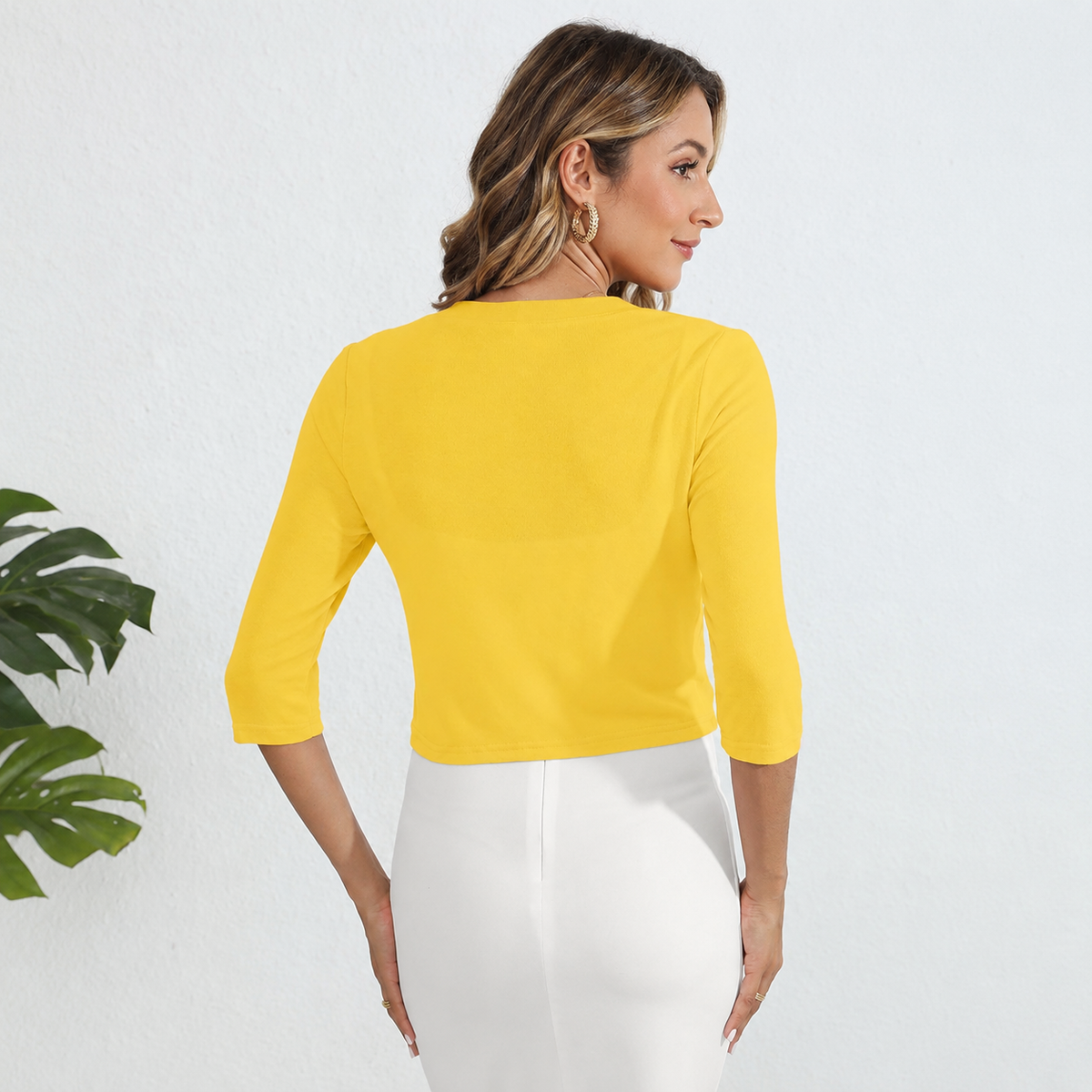 Open Front Cropped Three Quarter Sleeve Cardigan For Women