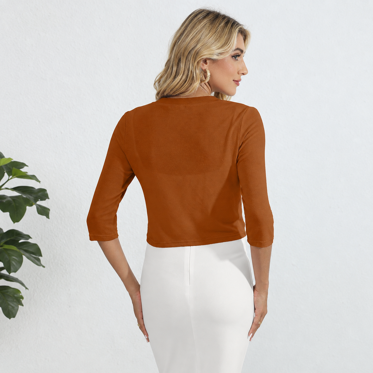 Open Front Cropped Three Quarter Sleeve Cardigan For Women