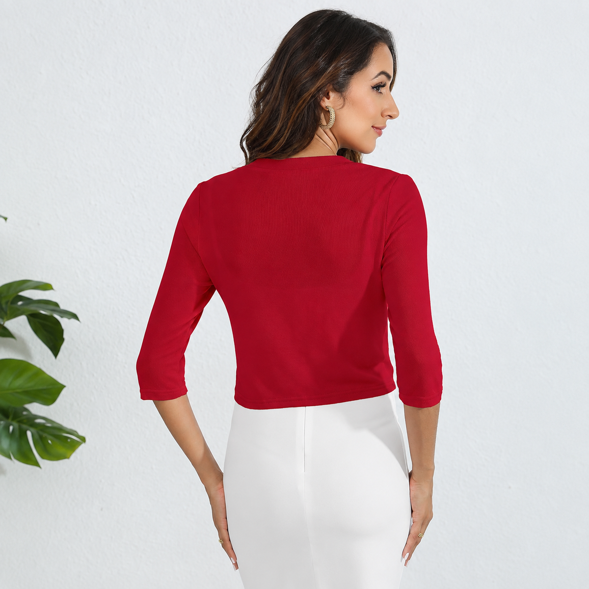 Open Front Cropped Three Quarter Sleeve Cardigan For Women
