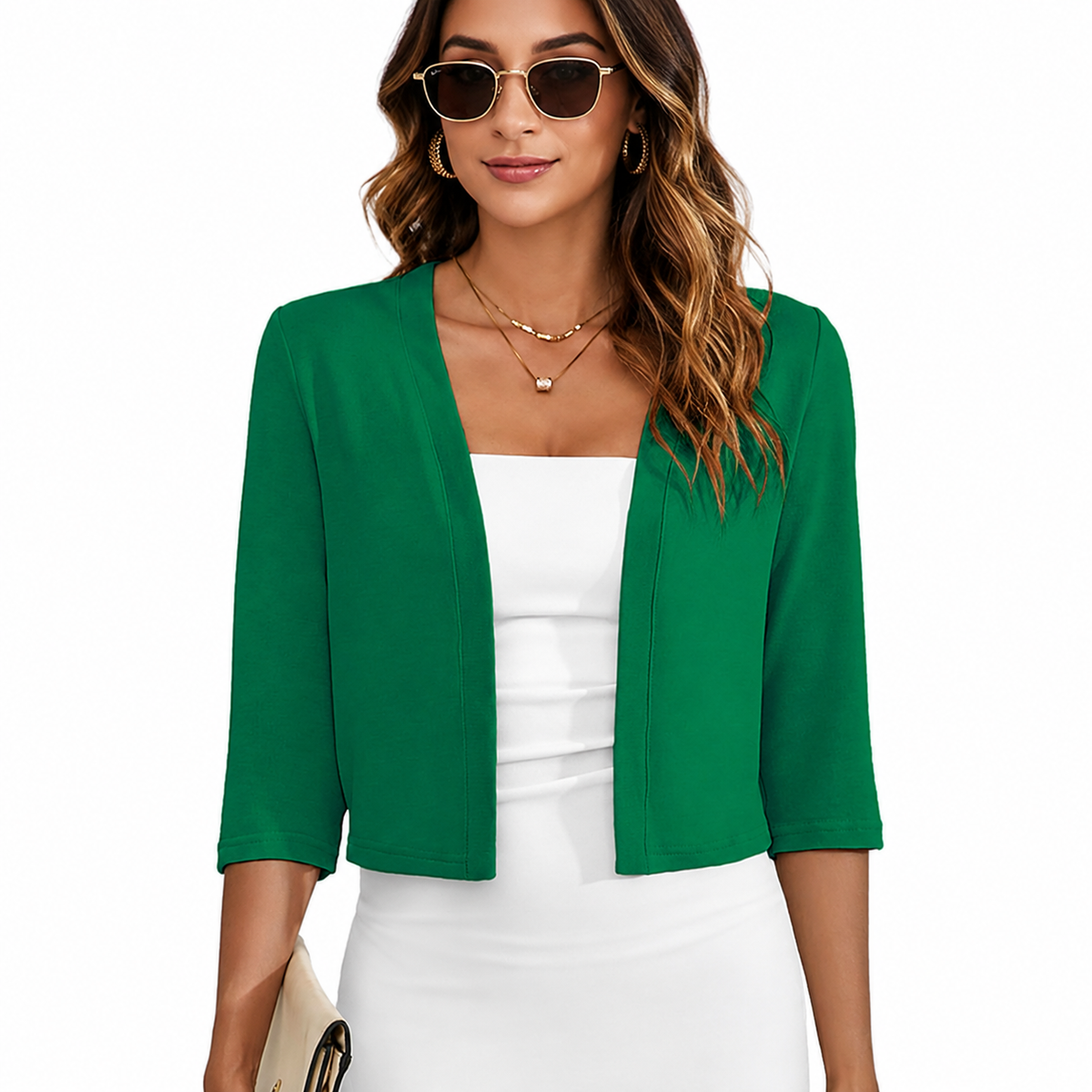 Open Front Cropped Three Quarter Sleeve Cardigan For Women