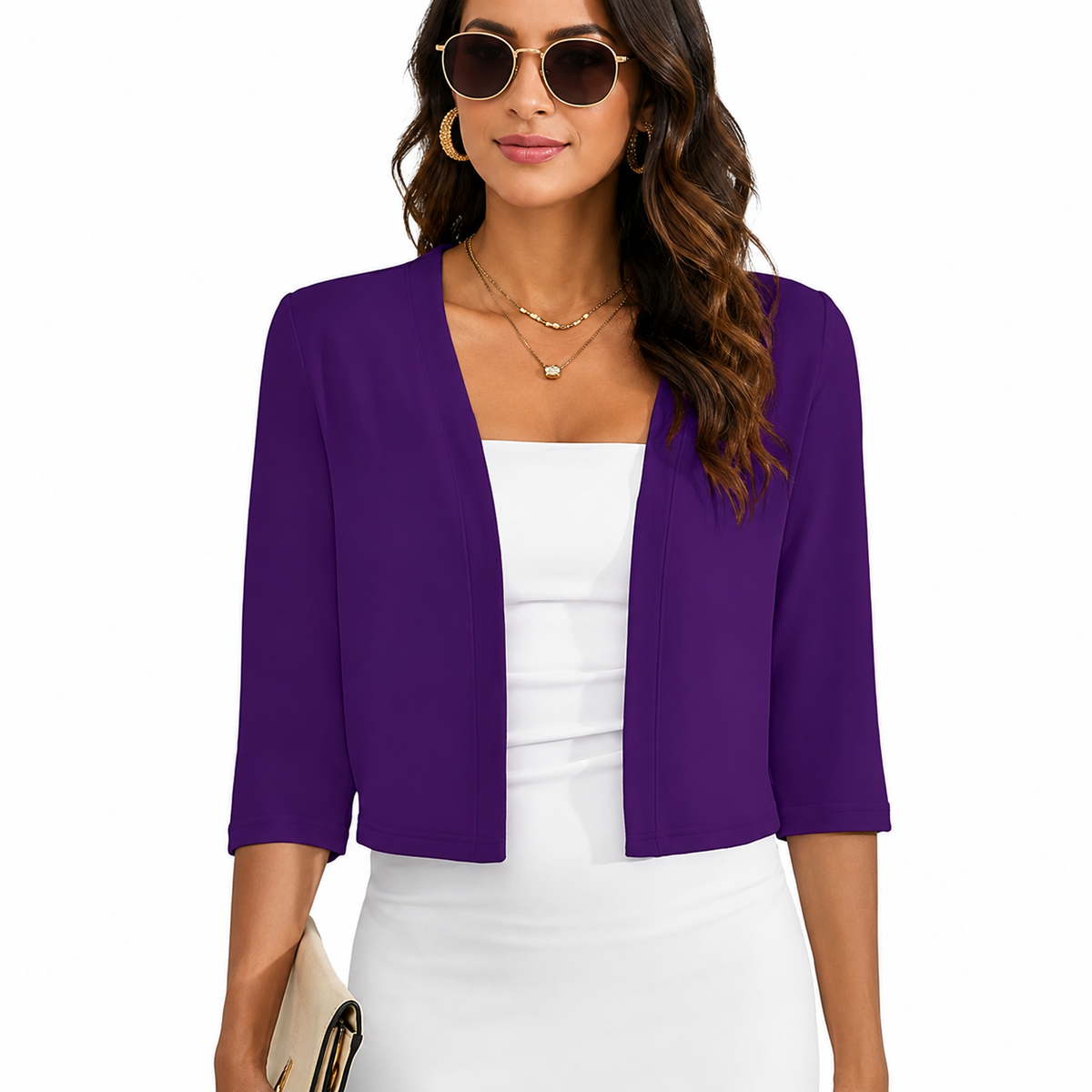 Open Front Cropped Three Quarter Sleeve Cardigan For Women