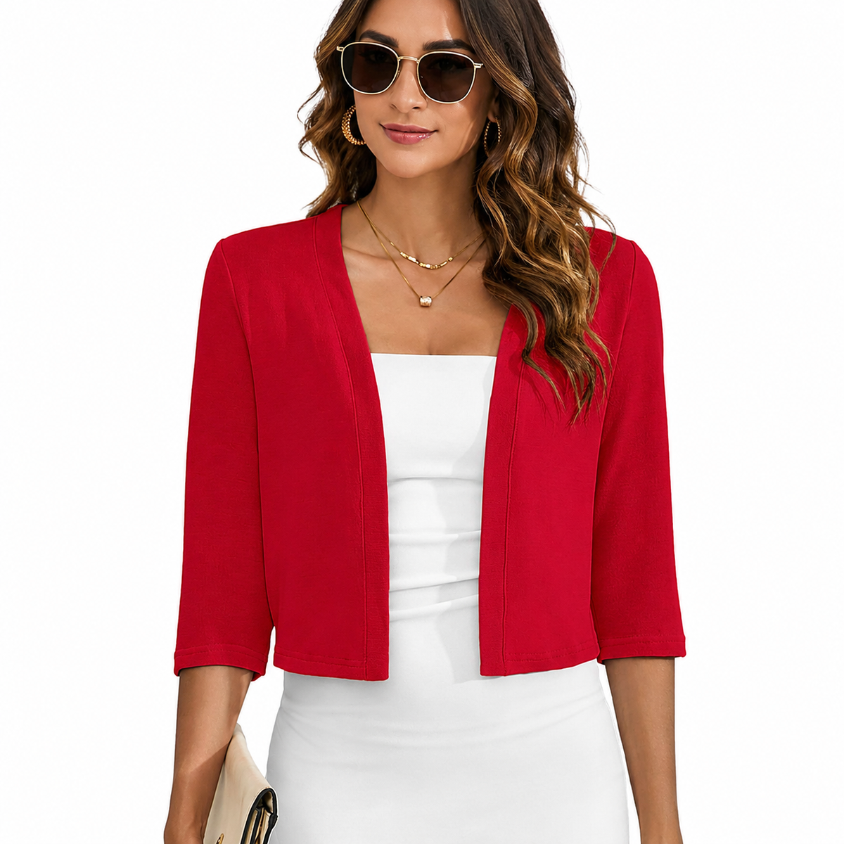 Open Front Cropped Three Quarter Sleeve Cardigan For Women