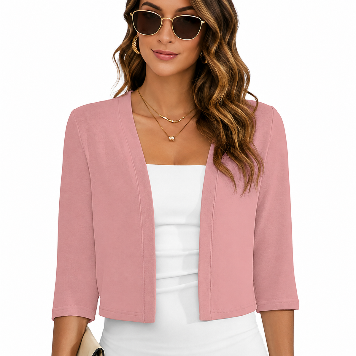 Open Front Cropped Three Quarter Sleeve Cardigan For Women