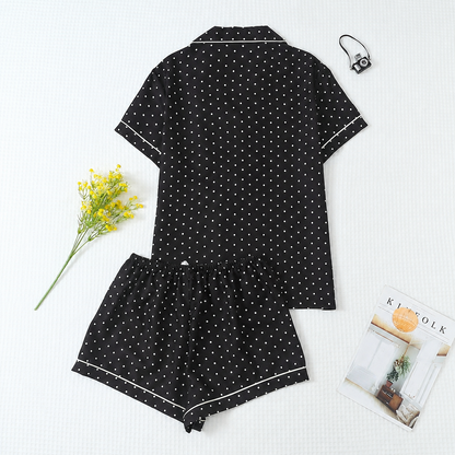 2 Piece Polka Dot Pajama Set With Contrast Trim For Women
