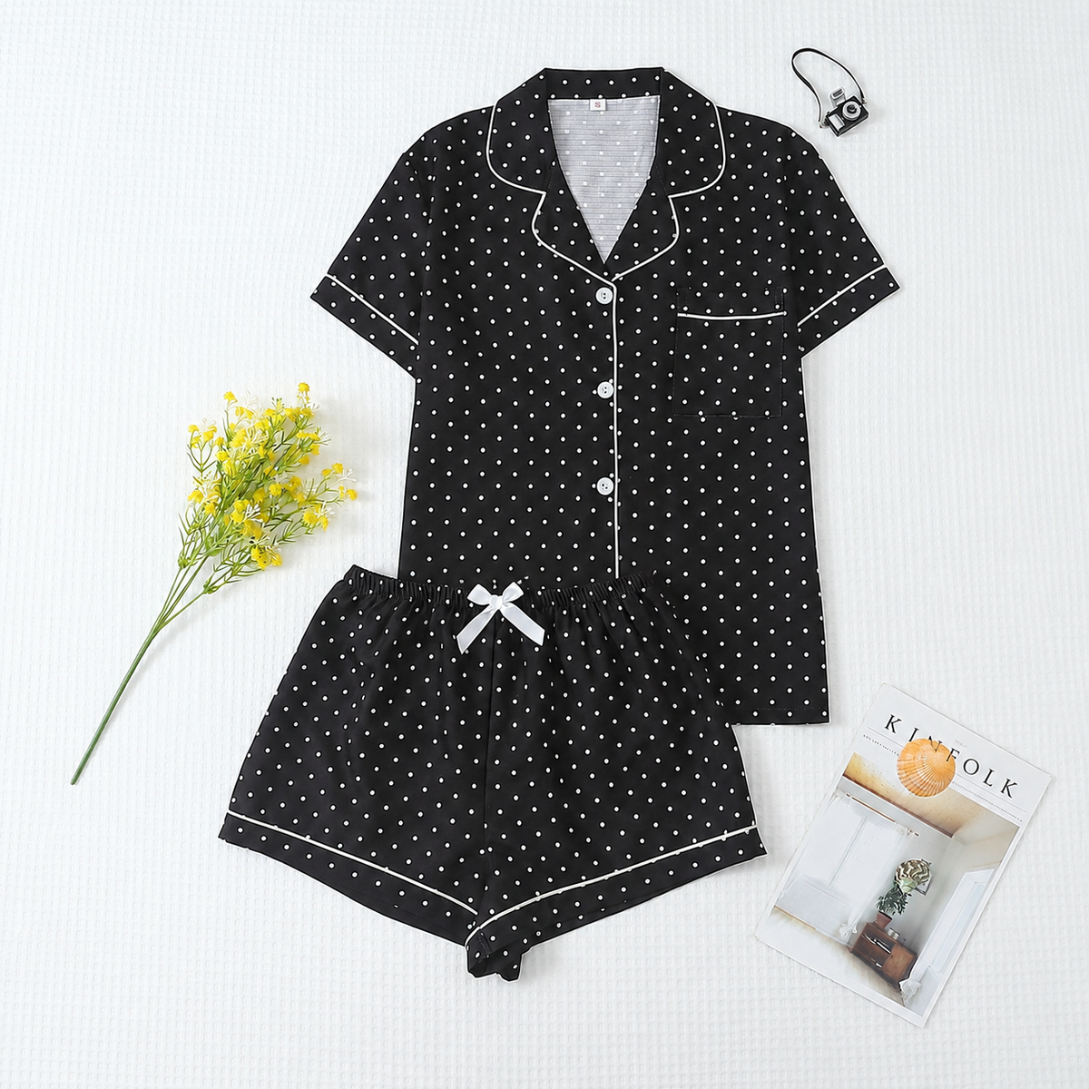 2 Piece Polka Dot Pajama Set With Contrast Trim For Women