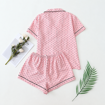 2 Piece Polka Dot Pajama Set With Contrast Trim For Women