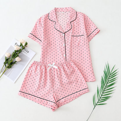 2 Piece Polka Dot Pajama Set With Contrast Trim For Women