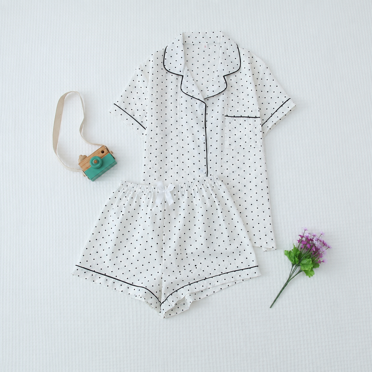 2 Piece Polka Dot Pajama Set With Contrast Trim For Women
