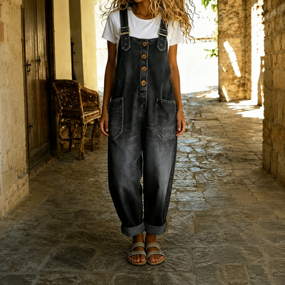 Casual Loose Retro Washed Denim Jumpsuit With Drawstring For Women