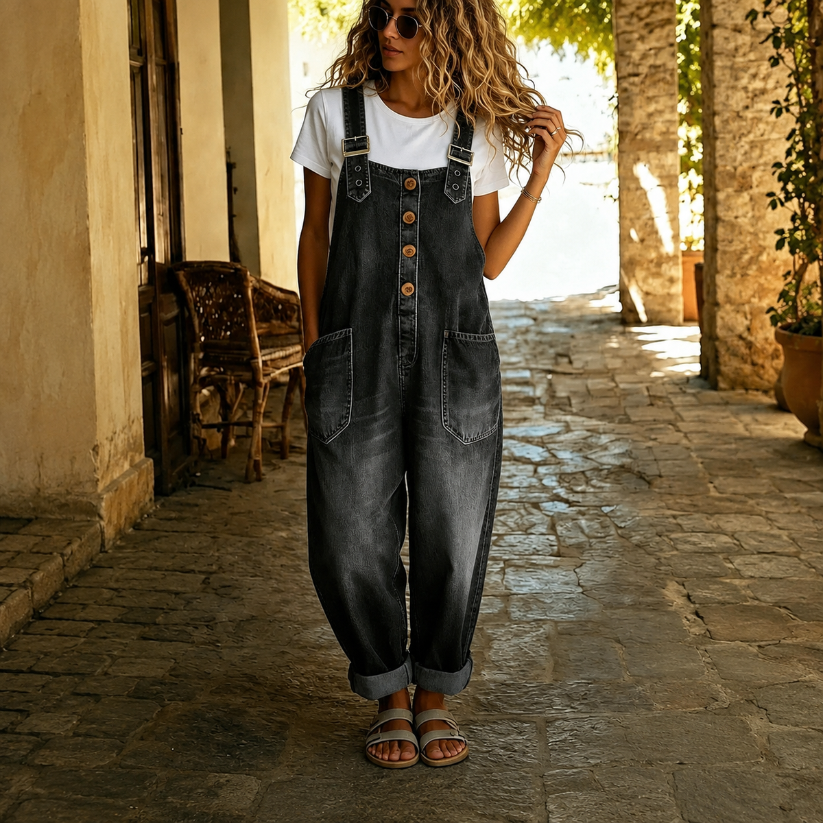Casual Loose Retro Washed Denim Jumpsuit With Drawstring For Women