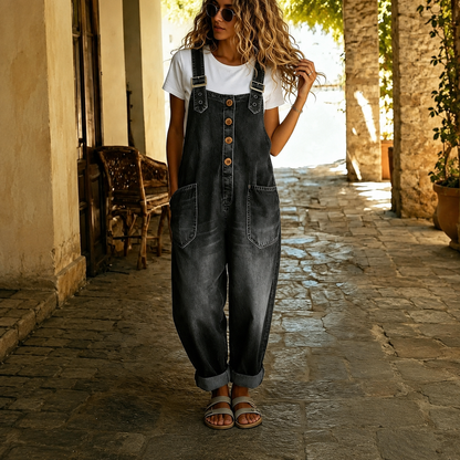 Casual Loose Retro Washed Denim Jumpsuit With Drawstring For Women
