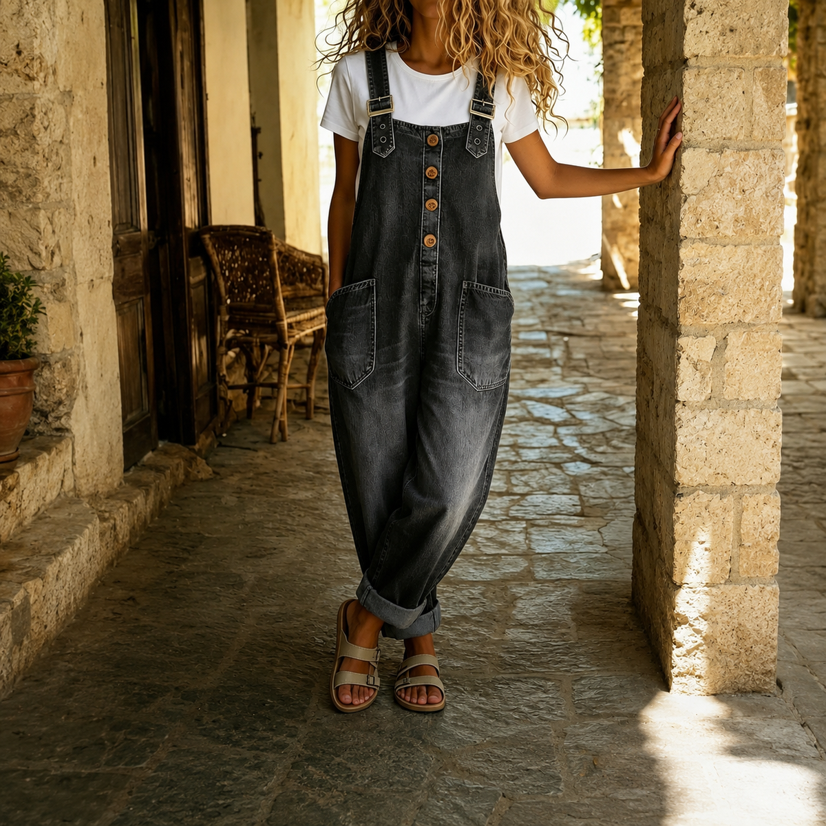Casual Loose Retro Washed Denim Jumpsuit With Drawstring For Women