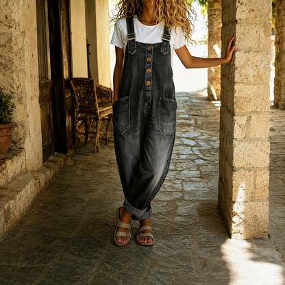 Casual Loose Retro Washed Denim Jumpsuit With Drawstring For Women
