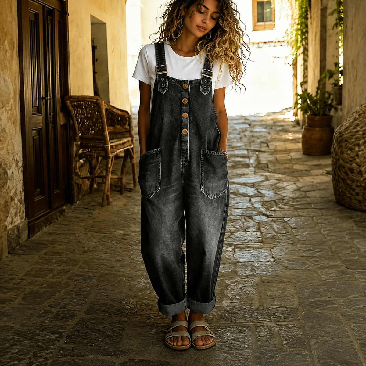 Casual Loose Retro Washed Denim Jumpsuit With Drawstring For Women