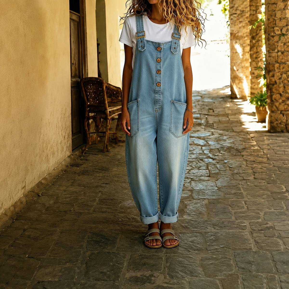 Casual Loose Retro Washed Denim Jumpsuit With Drawstring For Women