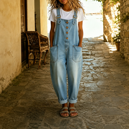 Casual Loose Retro Washed Denim Jumpsuit With Drawstring For Women