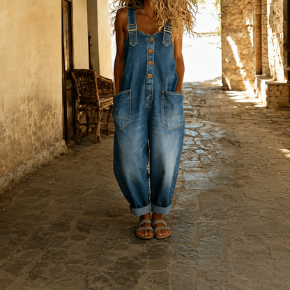 Casual Loose Retro Washed Denim Jumpsuit With Drawstring For Women