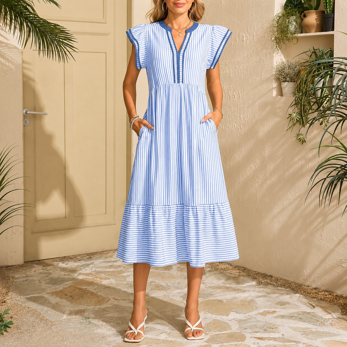 Summer Striped Ruffle Sleeve Midi Dress With Pockets