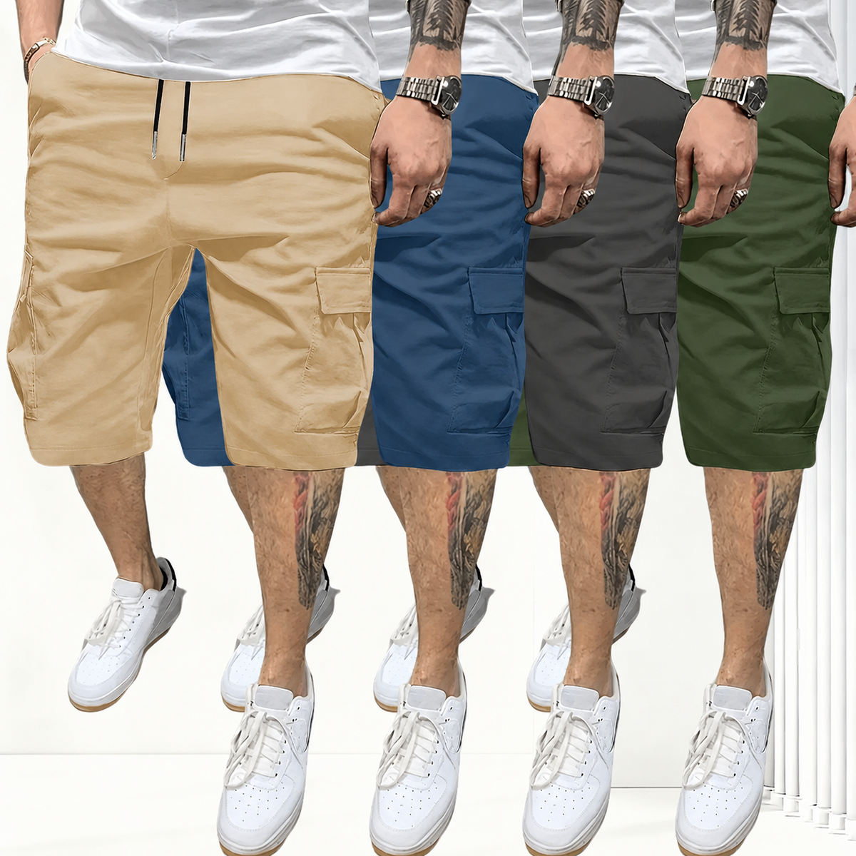Pack Of 4 Solid Color Cargo Shorts For Men