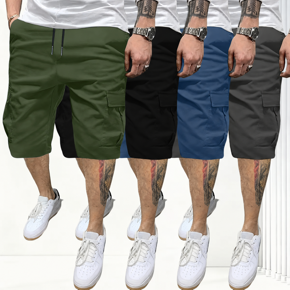 Pack Of 4 Solid Color Cargo Shorts For Men