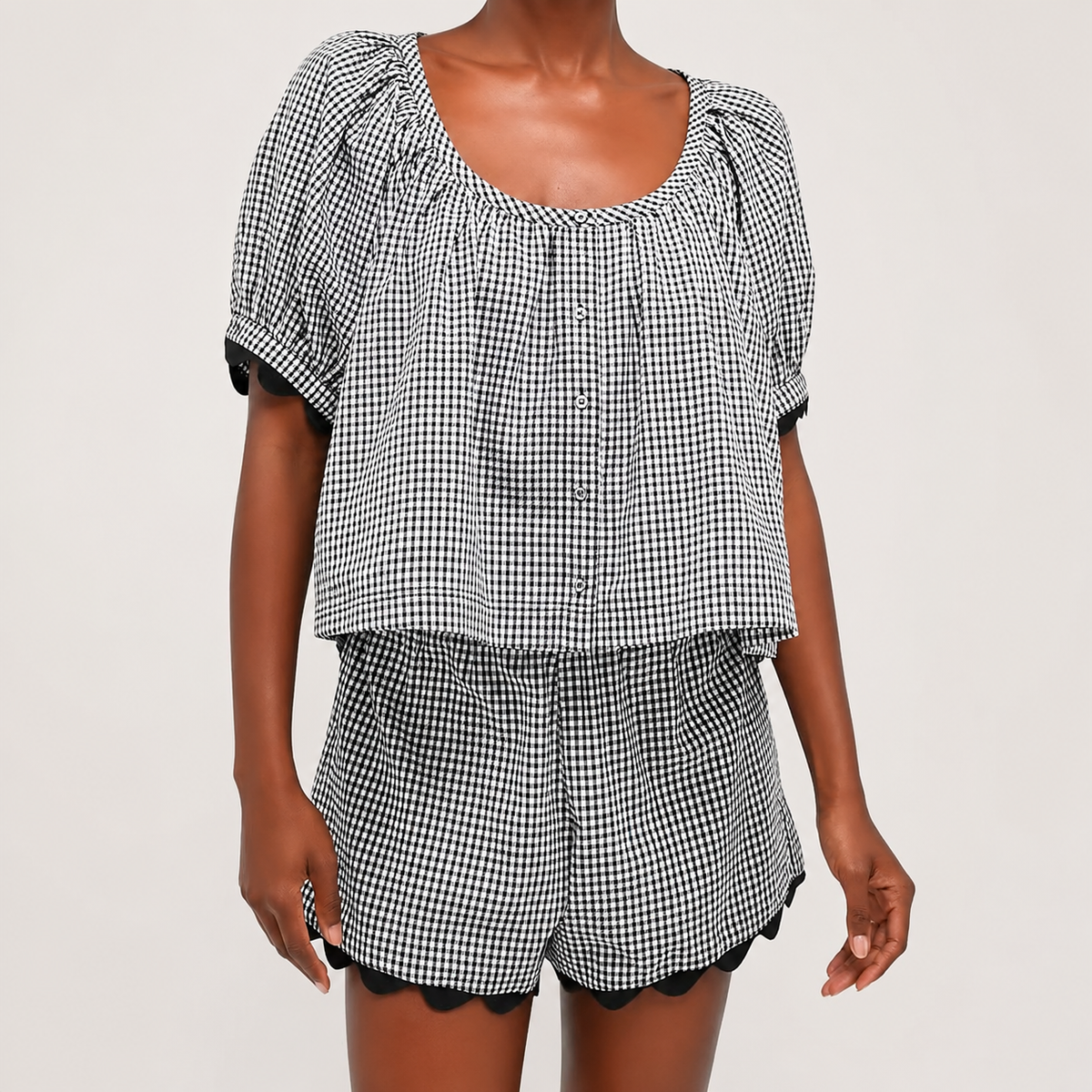 2 Piece Set Gingham Puff Sleeve Top And Shorts For Women