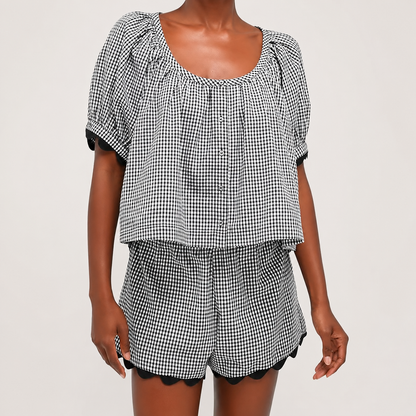 2 Piece Set Gingham Puff Sleeve Top And Shorts For Women