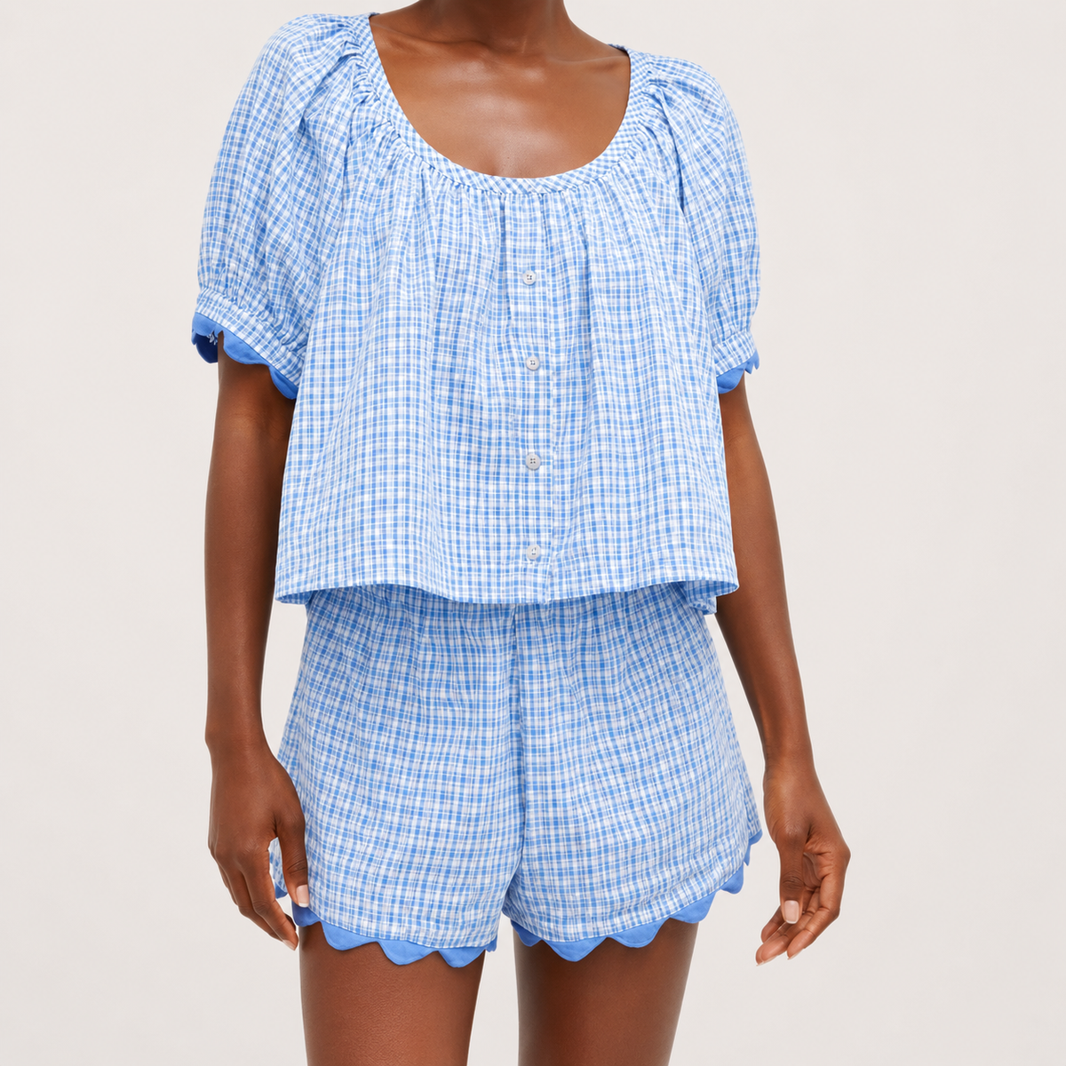 2 Piece Set Gingham Puff Sleeve Top And Shorts For Women
