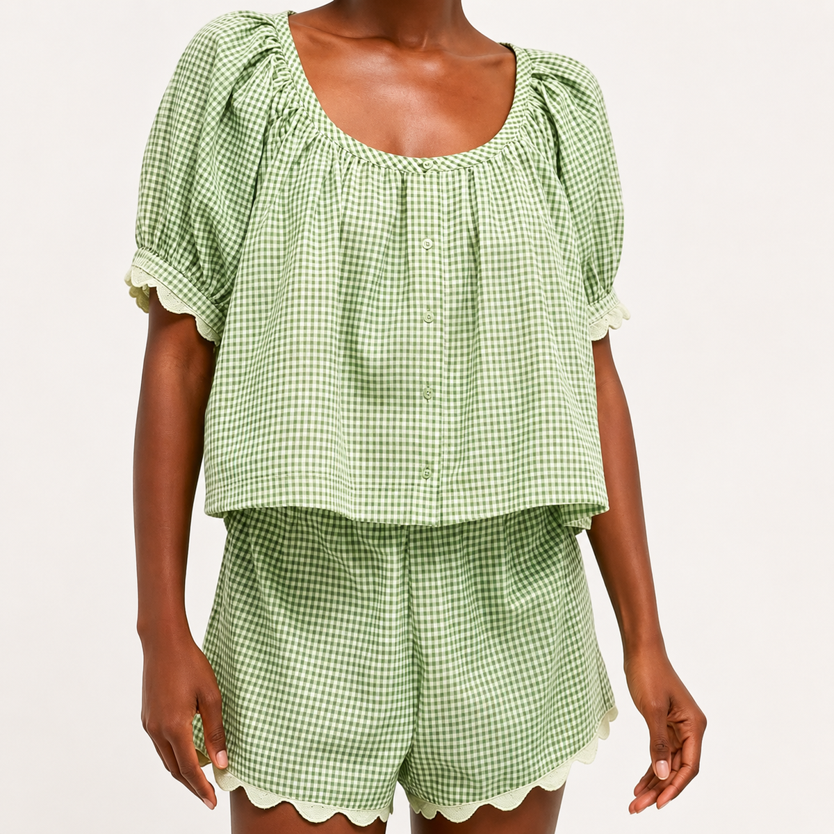 2 Piece Set Gingham Puff Sleeve Top And Shorts For Women