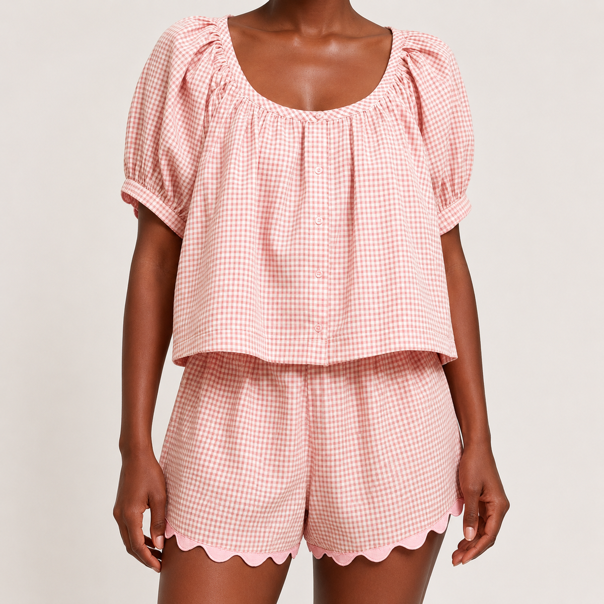 2 Piece Set Gingham Puff Sleeve Top And Shorts For Women