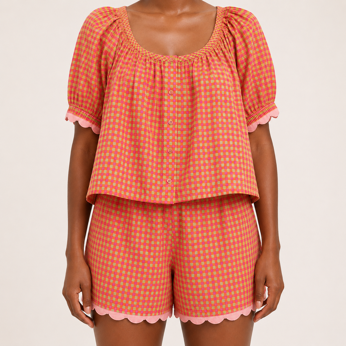 2 Piece Set Gingham Puff Sleeve Top And Shorts For Women