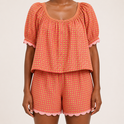2 Piece Set Gingham Puff Sleeve Top And Shorts For Women