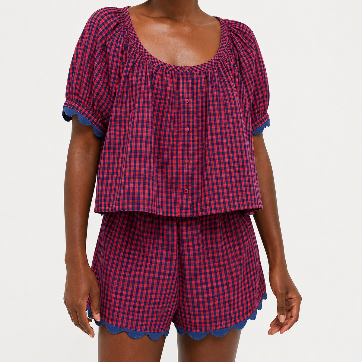 2 Piece Set Gingham Puff Sleeve Top And Shorts For Women