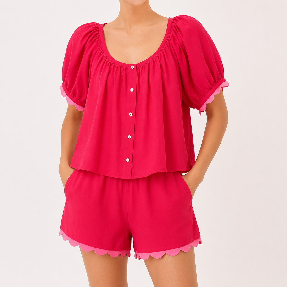 2 Piece Set Gingham Puff Sleeve Top And Shorts For Women