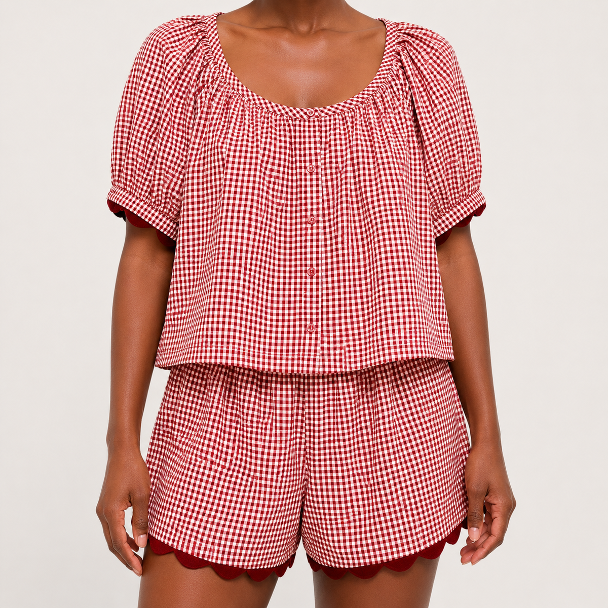 2 Piece Set Gingham Puff Sleeve Top And Shorts For Women