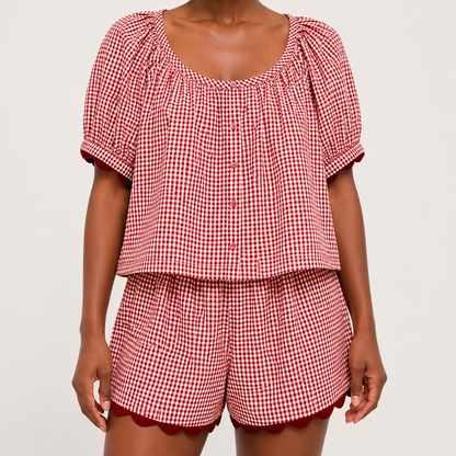 2 Piece Set Gingham Puff Sleeve Top And Shorts For Women
