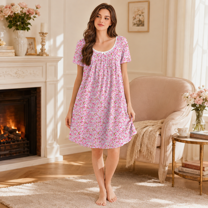 Casual Lace Trim Short Sleeve Nightgown For Women
