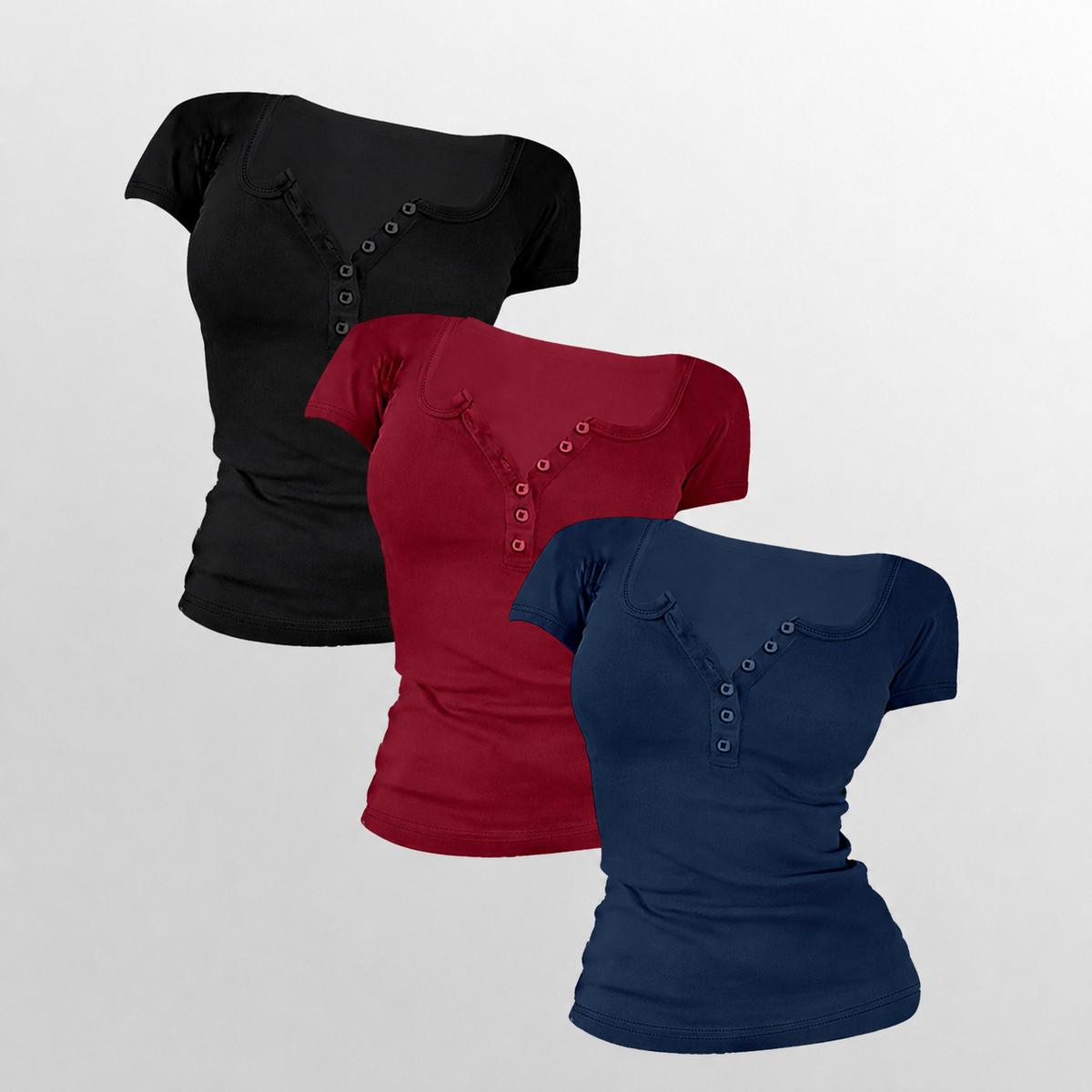 Pack Of 3 Fitted Short Sleeve Button Detail Casual Top For Women