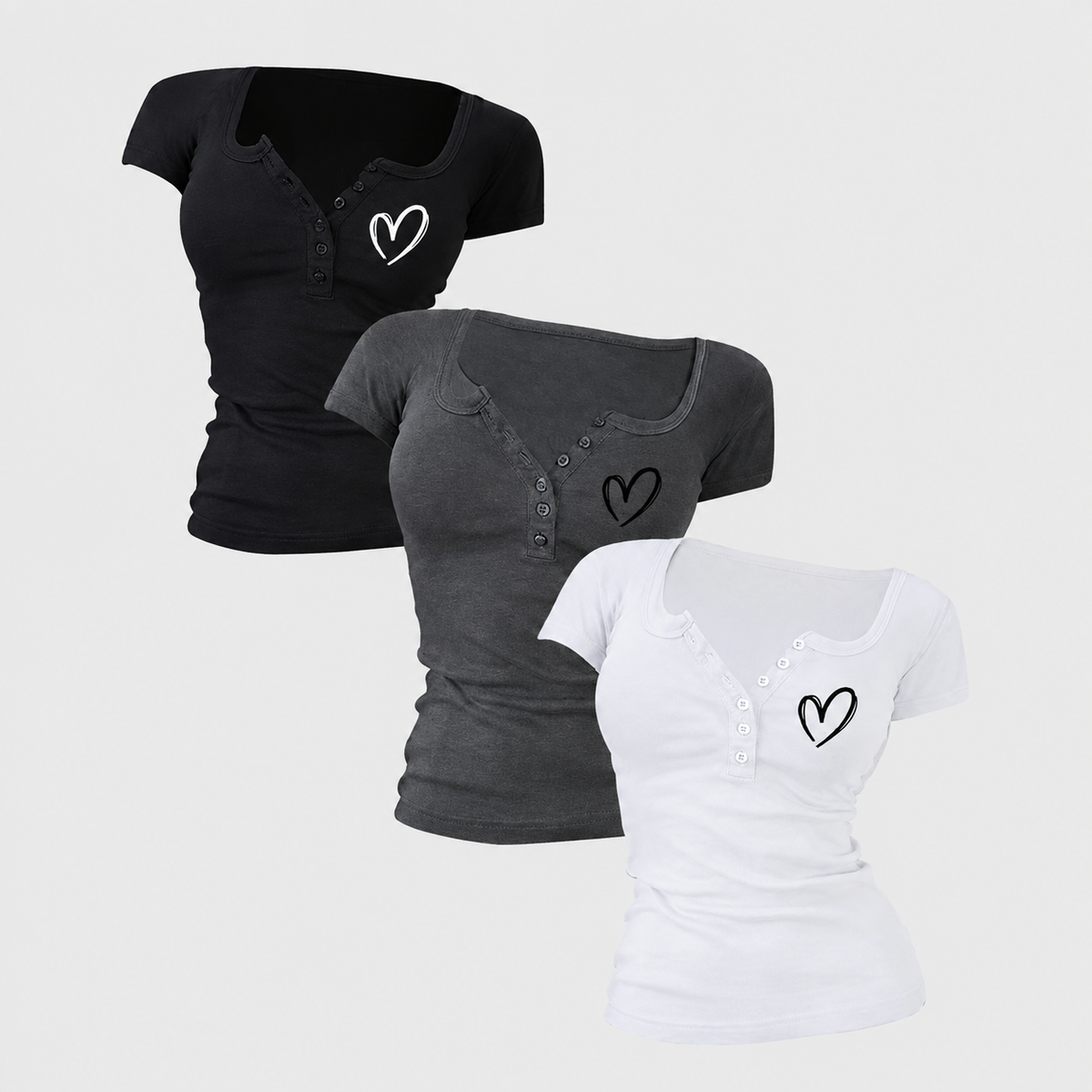 Pack Of 3 Fitted Short Sleeve Button Detail Casual Top For Women