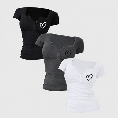 Pack Of 3 Fitted Short Sleeve Button Detail Casual Top For Women