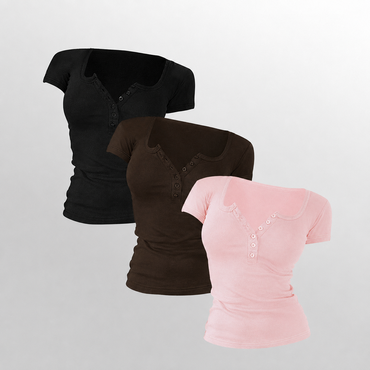 Pack Of 3 Fitted Short Sleeve Button Detail Casual Top For Women